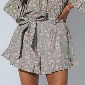 Cleobella handmade pockets belted elastic belted Green Pink Floral Romper S / M‎
